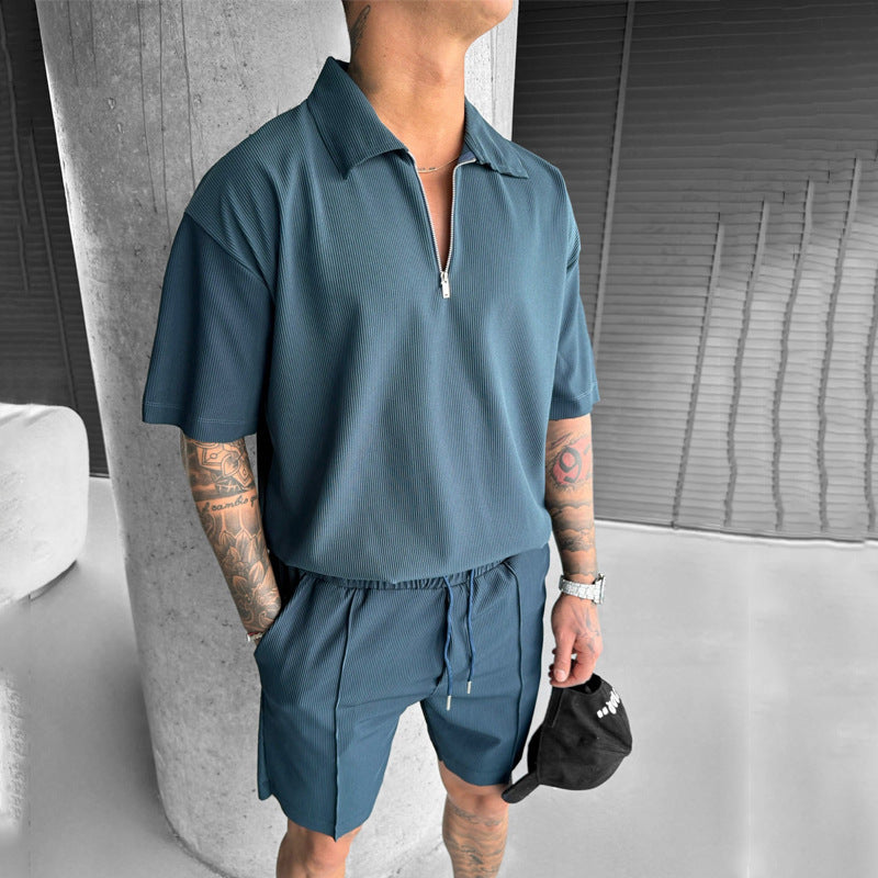 Men's Suits New Zipper Polo Casual Short Sleeve Drawstring Shorts