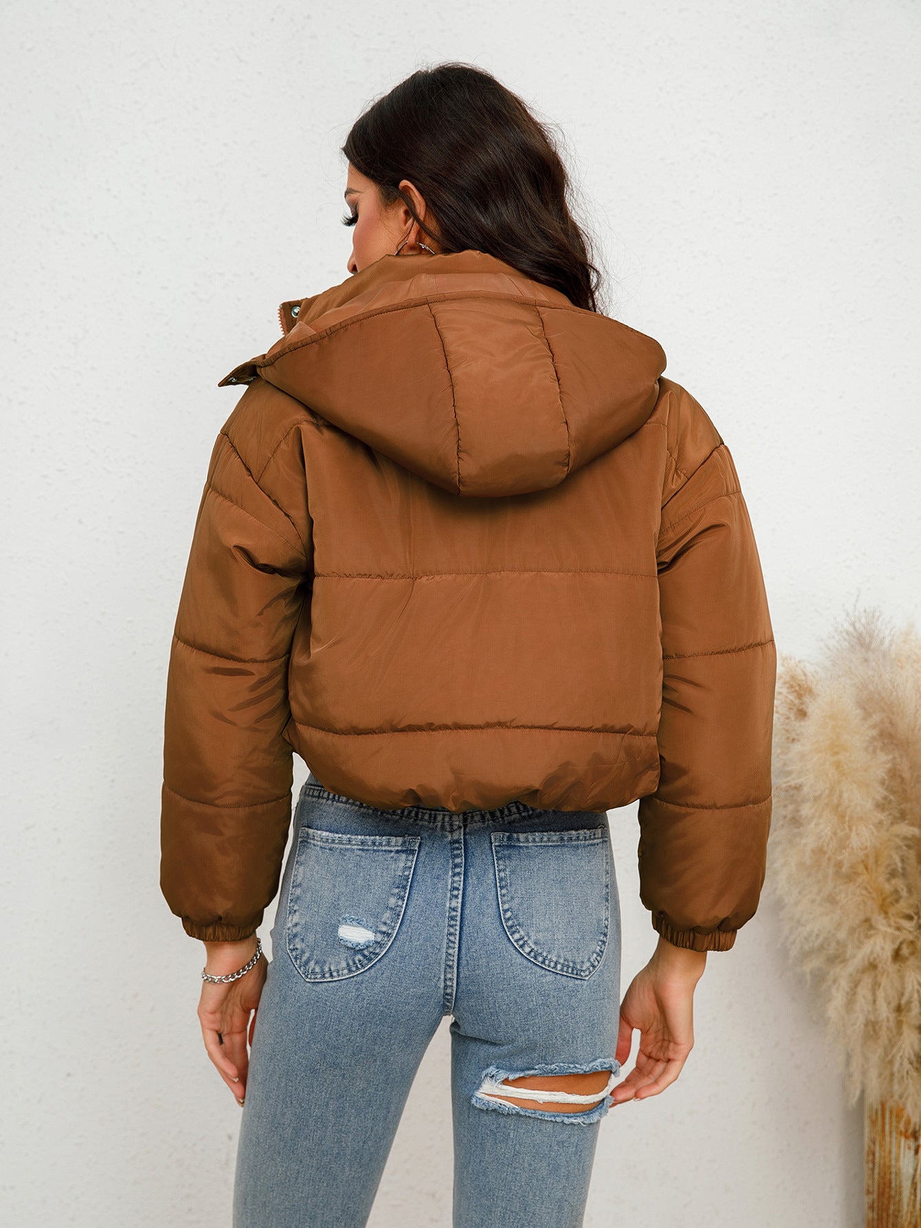 Hooded Short Cotton Coat Solid Color