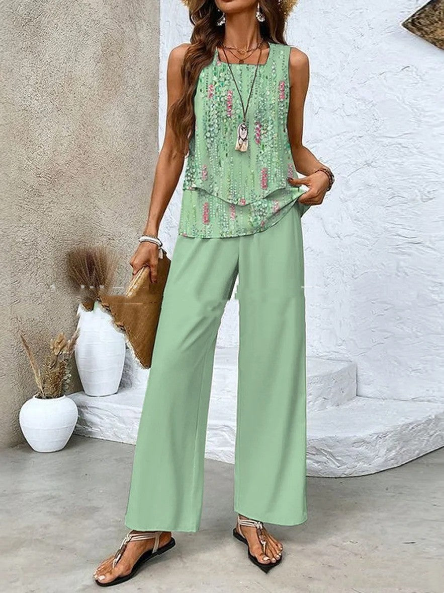Sleeveless Double-layer Vest And Loose Straight Pants Women Clothing