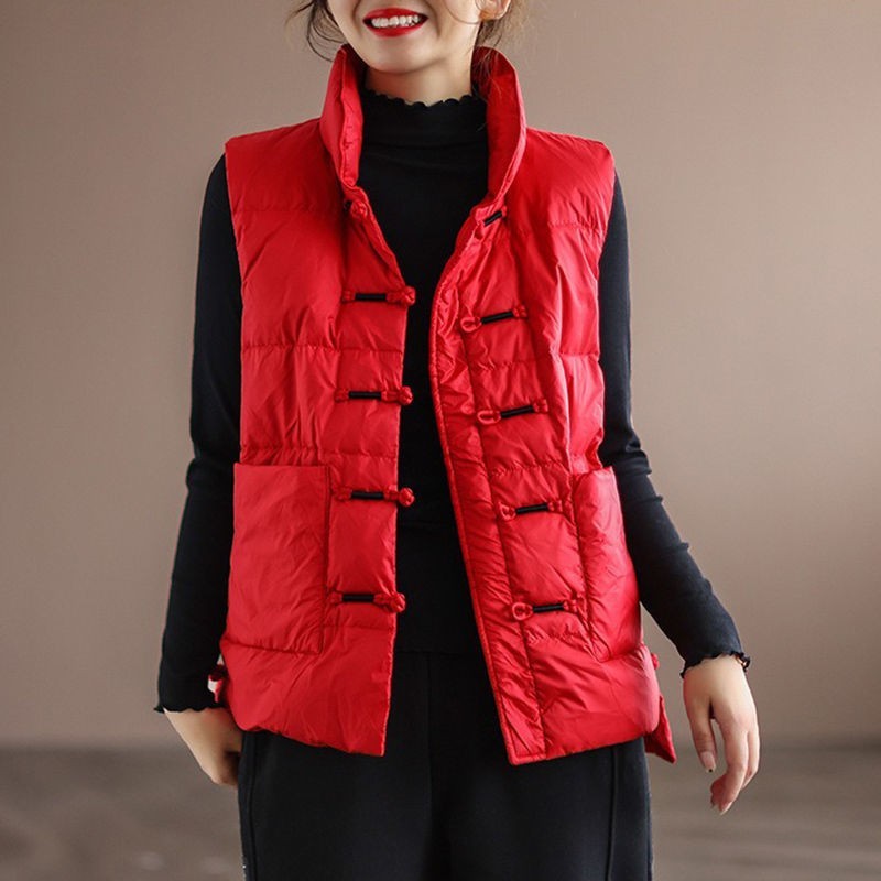 Daunenjacke Damen Weiße Entendaunenweste im Ethno-Stil