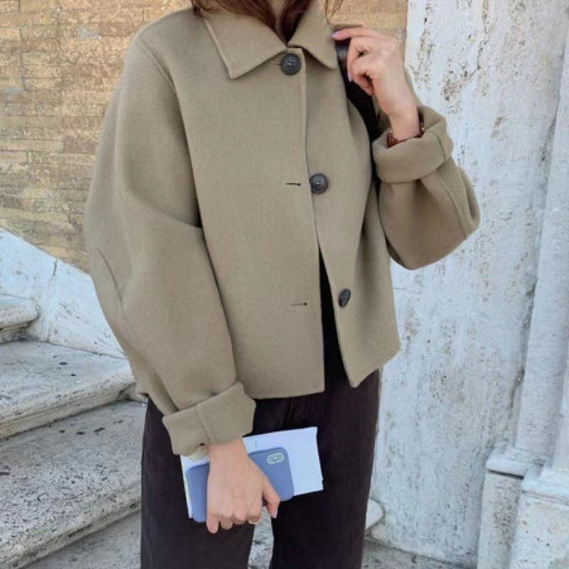 Retro Lapels Leisure Loose Puff Sleeves Woolen Short Coat