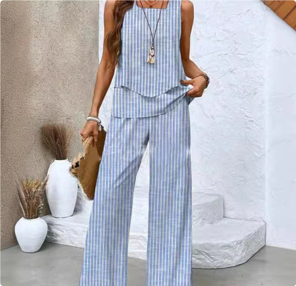 Sleeveless Double-layer Vest And Loose Straight Pants Women Clothing