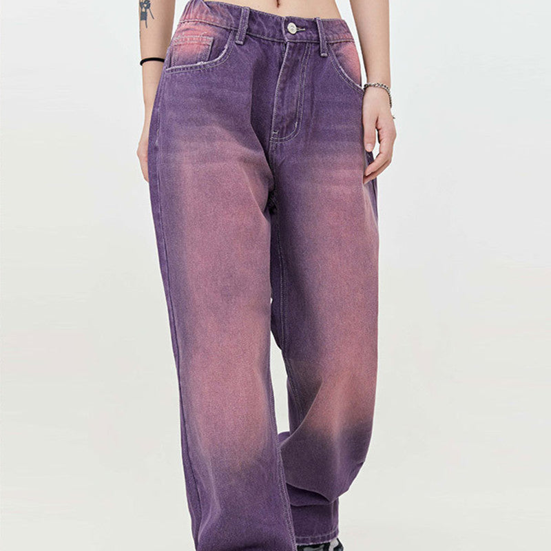 Street Washed Distressed Leg White Purple Color Jeans