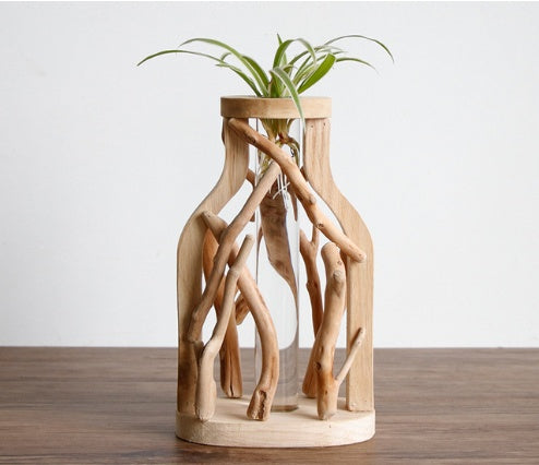 Pure Handwork Wooden Vase Decorated Solid Wood Flower Pot For Creative Glass Floral