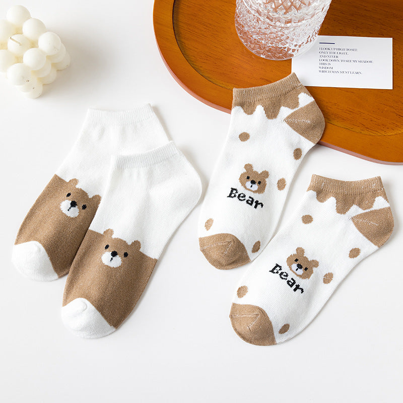 Women 5 Pair Set Low-cut Cartoon Cute Brown Bear Socks