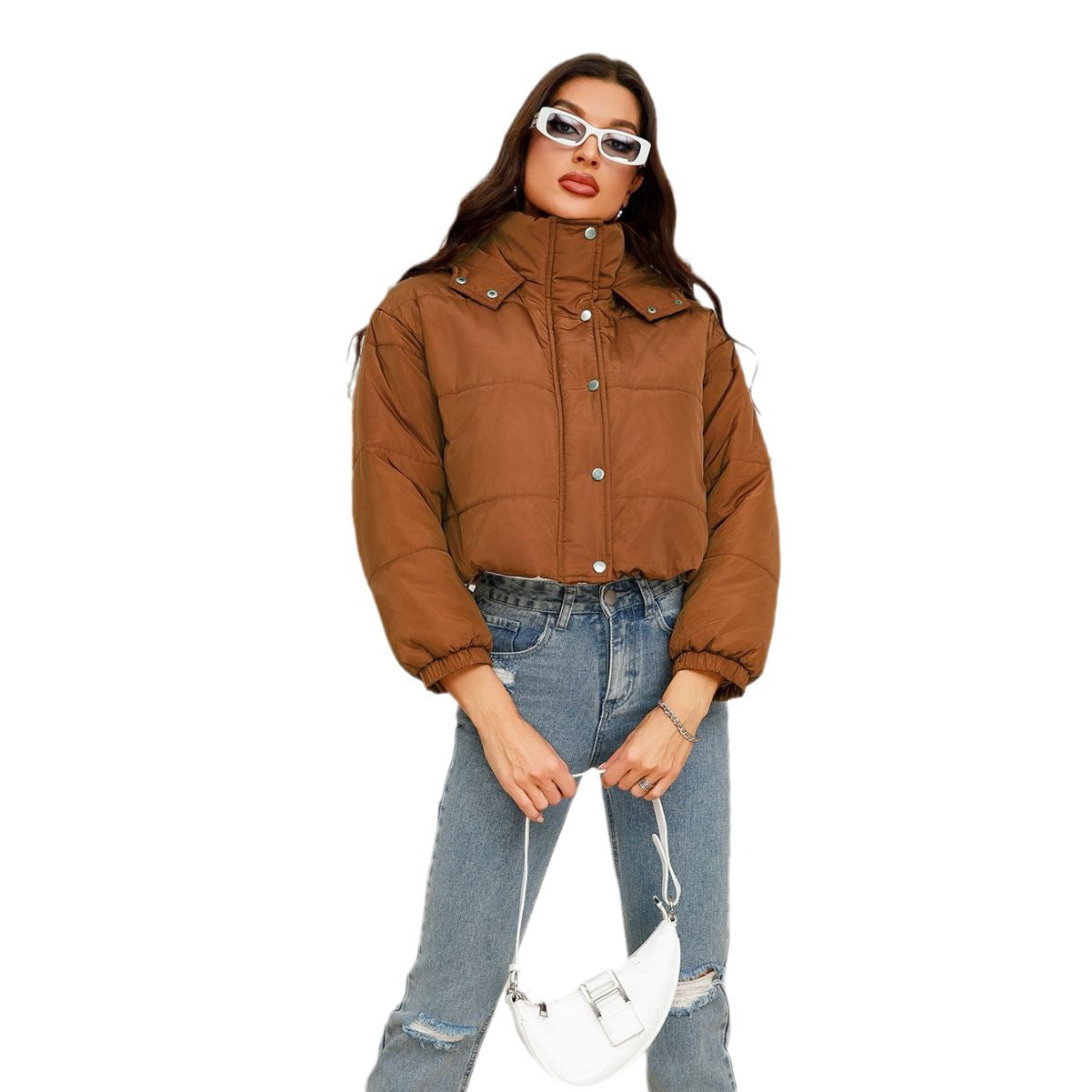 Hooded Short Cotton Coat Solid Color
