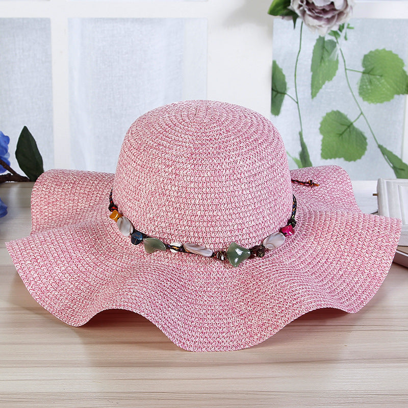 Hand-Woven Read Strange Stone Decorative Straw Hat for Woman
