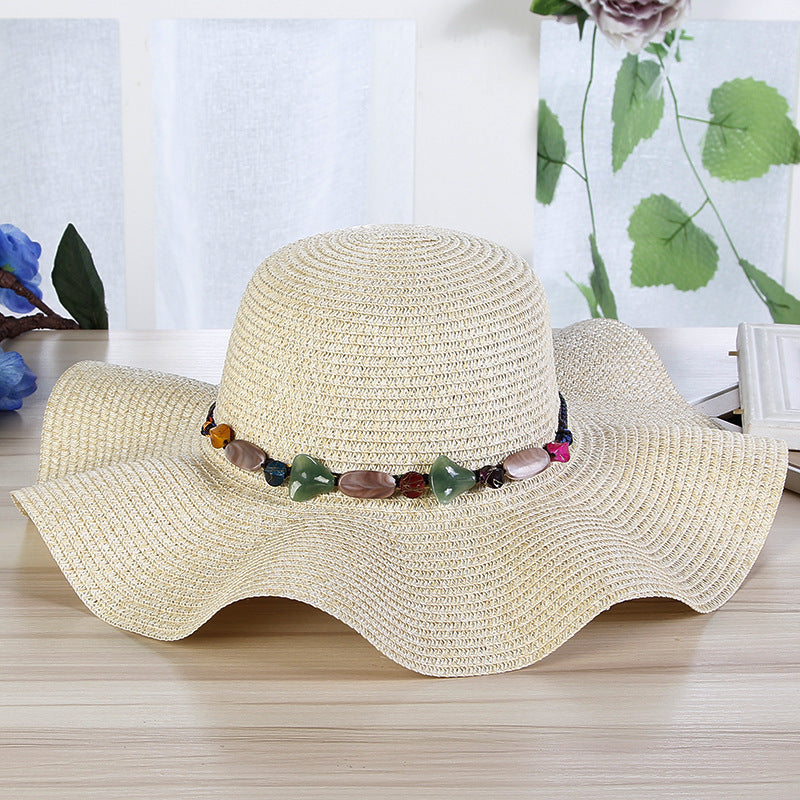Hand-Woven Read Strange Stone Decorative Straw Hat for Woman