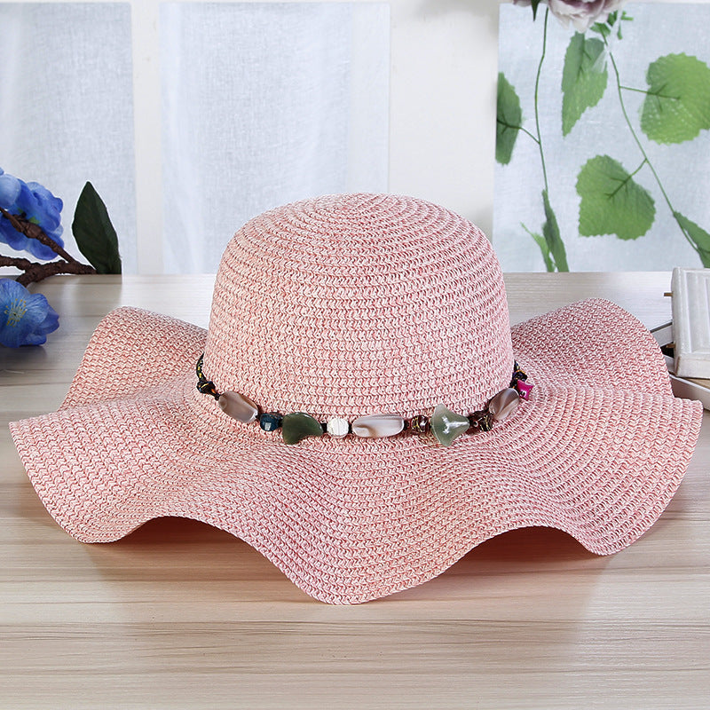 Hand-Woven Read Strange Stone Decorative Straw Hat for Woman