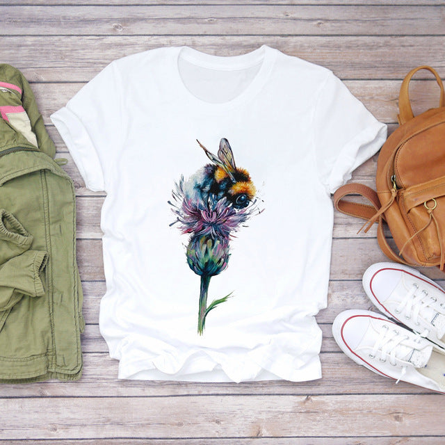Women T-shirts Cartoon Bee Flower 90s Cute Fashion Short