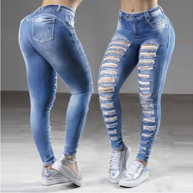 Street Cotton Denim Dark High Waist Blue Jeans