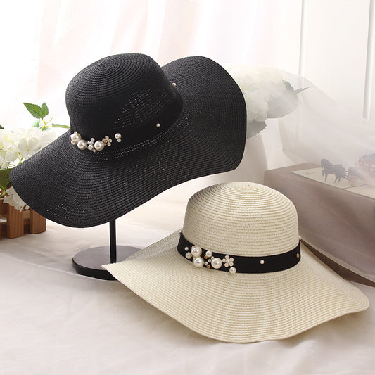 Big Brimmed Beach Sunscreen Foldable Straw Hat With Pearl Rivets