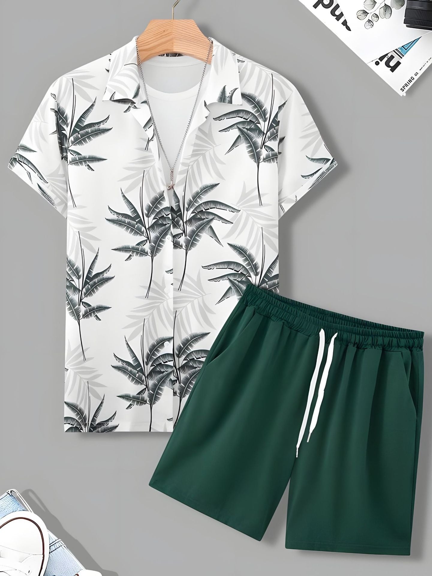 Black And White Striped Hawaiian Men's Shirt & Short Set