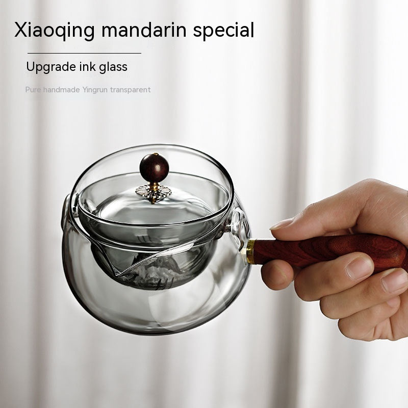Semi-automatic Rotary Heat-resistant Glass Teapot Tea Making With Infuser And Wooden Handle