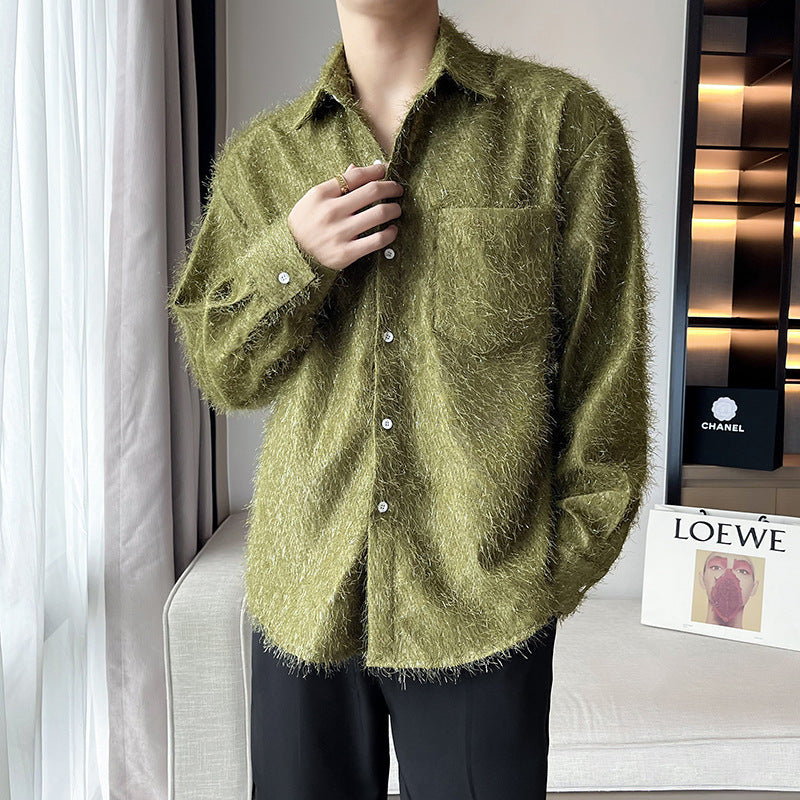Shiny Solid Color Fine Wool Shirt Men's Long-sleeved Shirt