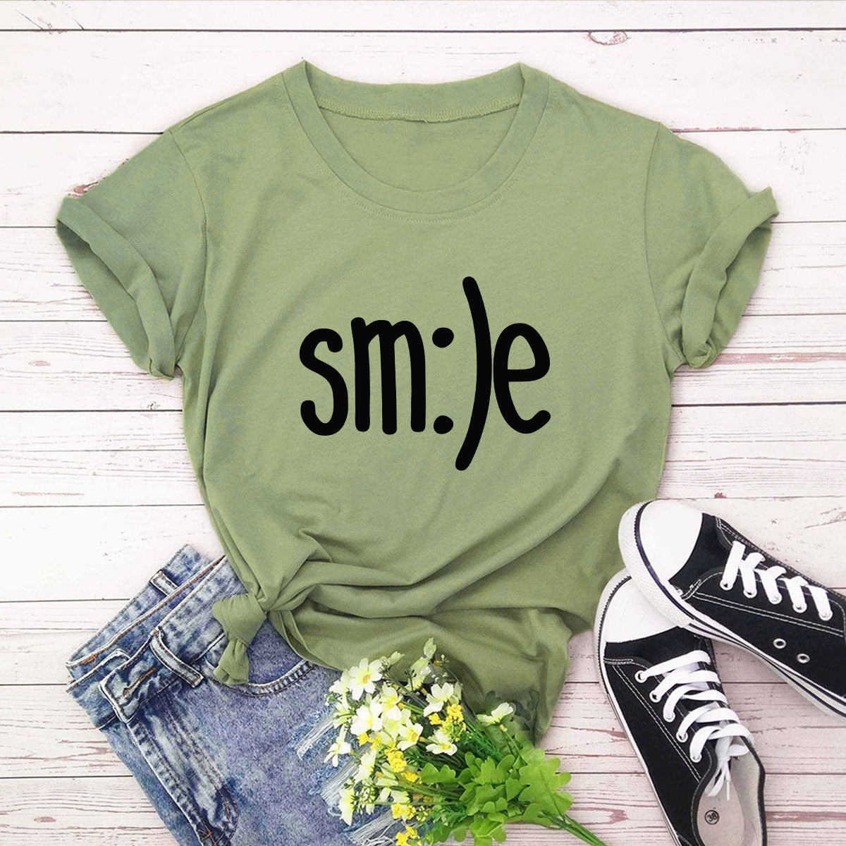 スマイルレタープリントシャツ Oネック 半袖Tシャツ サマートップス 100%コットン