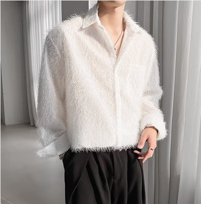 Shiny Solid Color Fine Wool Shirt Men's Long-sleeved Shirt