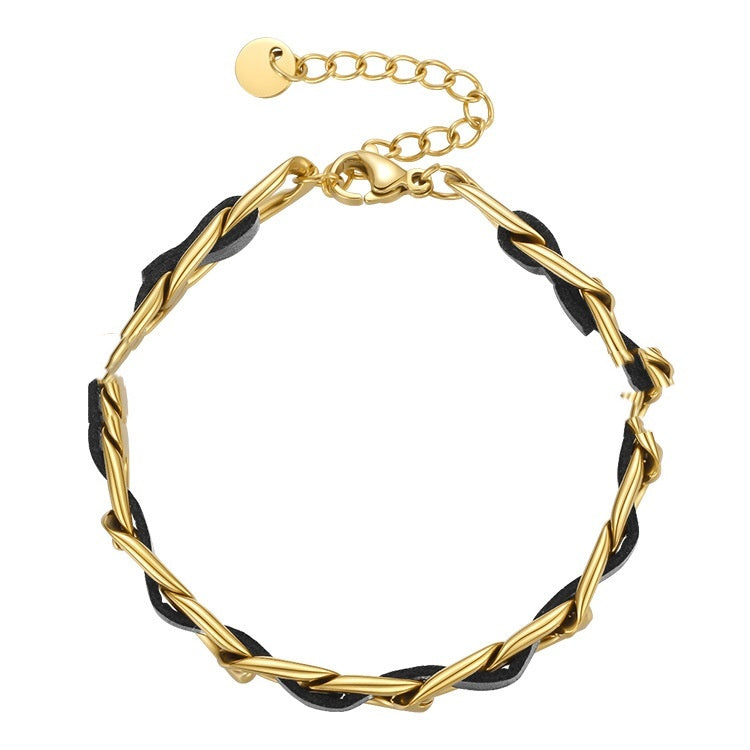 18K Gold Titanium Steel Plated European And American Fashion Metal Chain Leather Rope