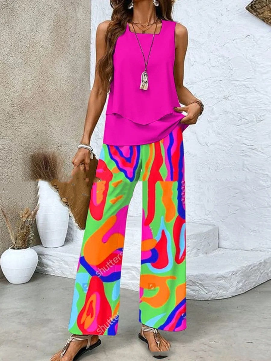 Sleeveless Double-layer Vest And Loose Straight Pants Women Clothing