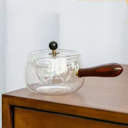 Semi-automatic Rotary Heat-resistant Glass Teapot Tea Making With Infuser And Wooden Handle
