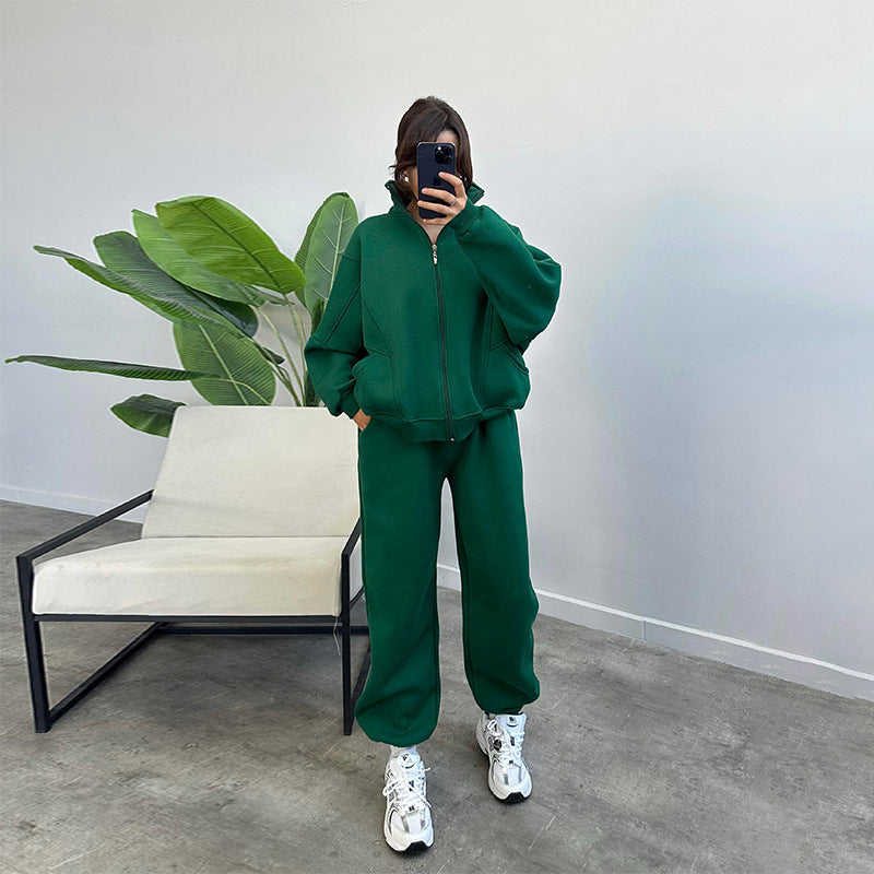 Sports Suits With Pockets Stand-up Collar Zipper Cardigan And Drawstring Trousers