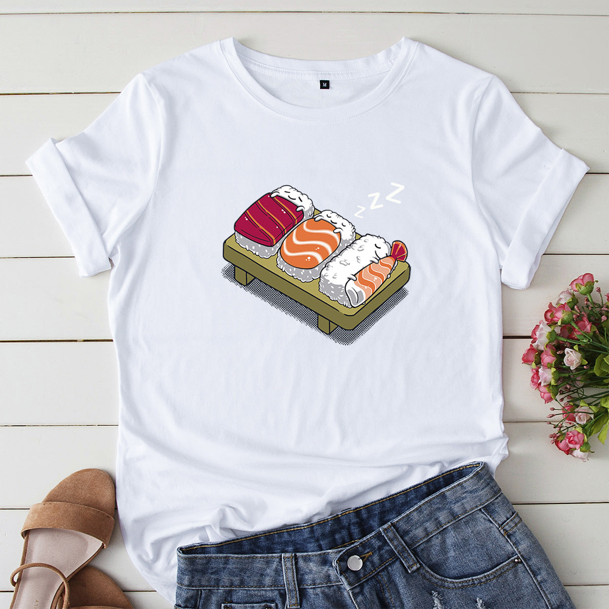 Women's Loose Round Neck Evil Sushi Short Sleeve T-shirt