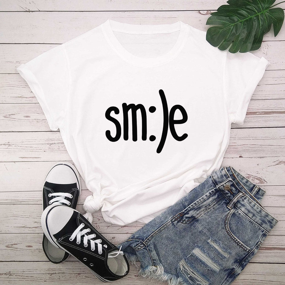 スマイルレタープリントシャツ Oネック 半袖Tシャツ サマートップス 100%コットン