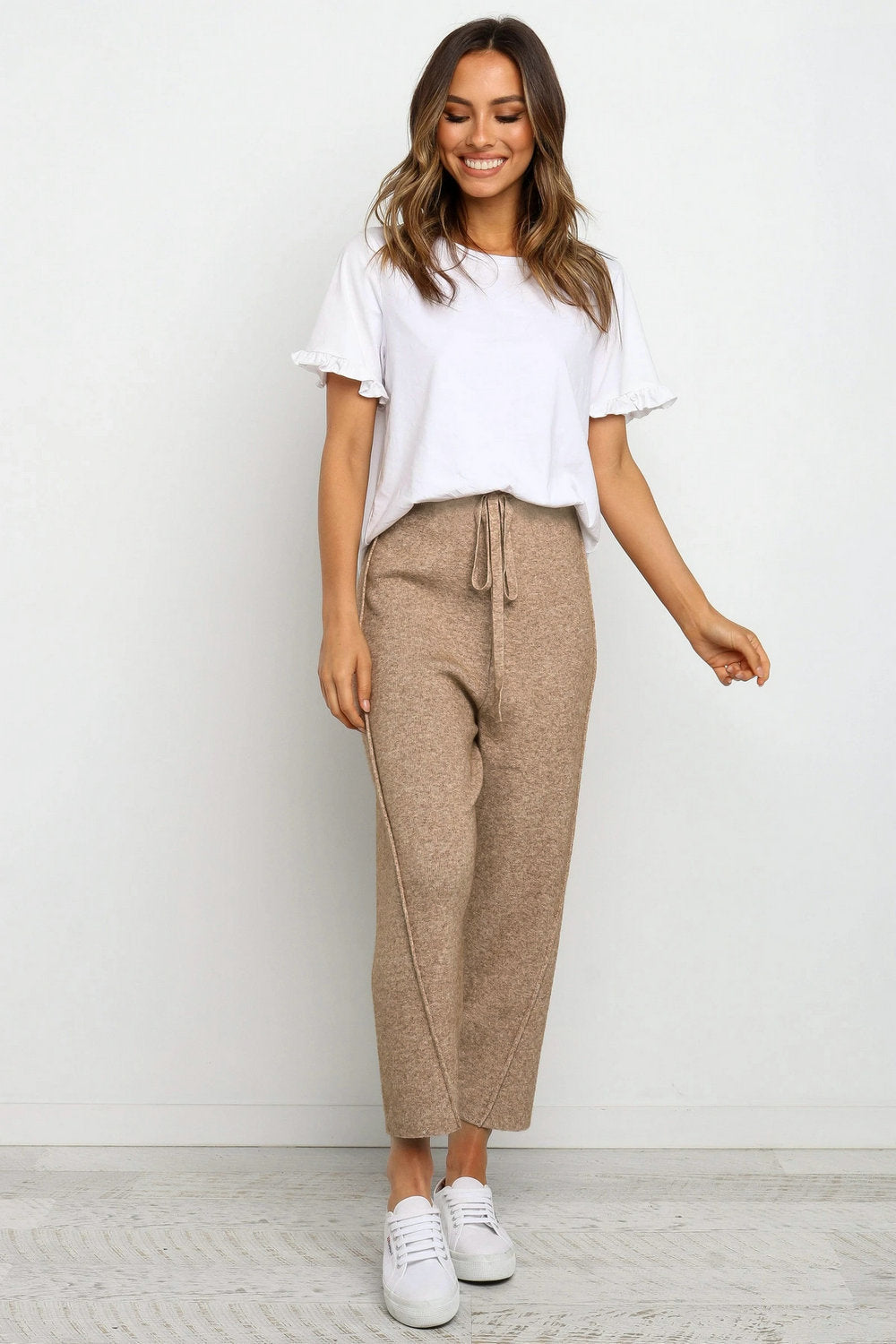 European And American Summer Casual Pants Knitted Straight Leg Tie Casual Pants