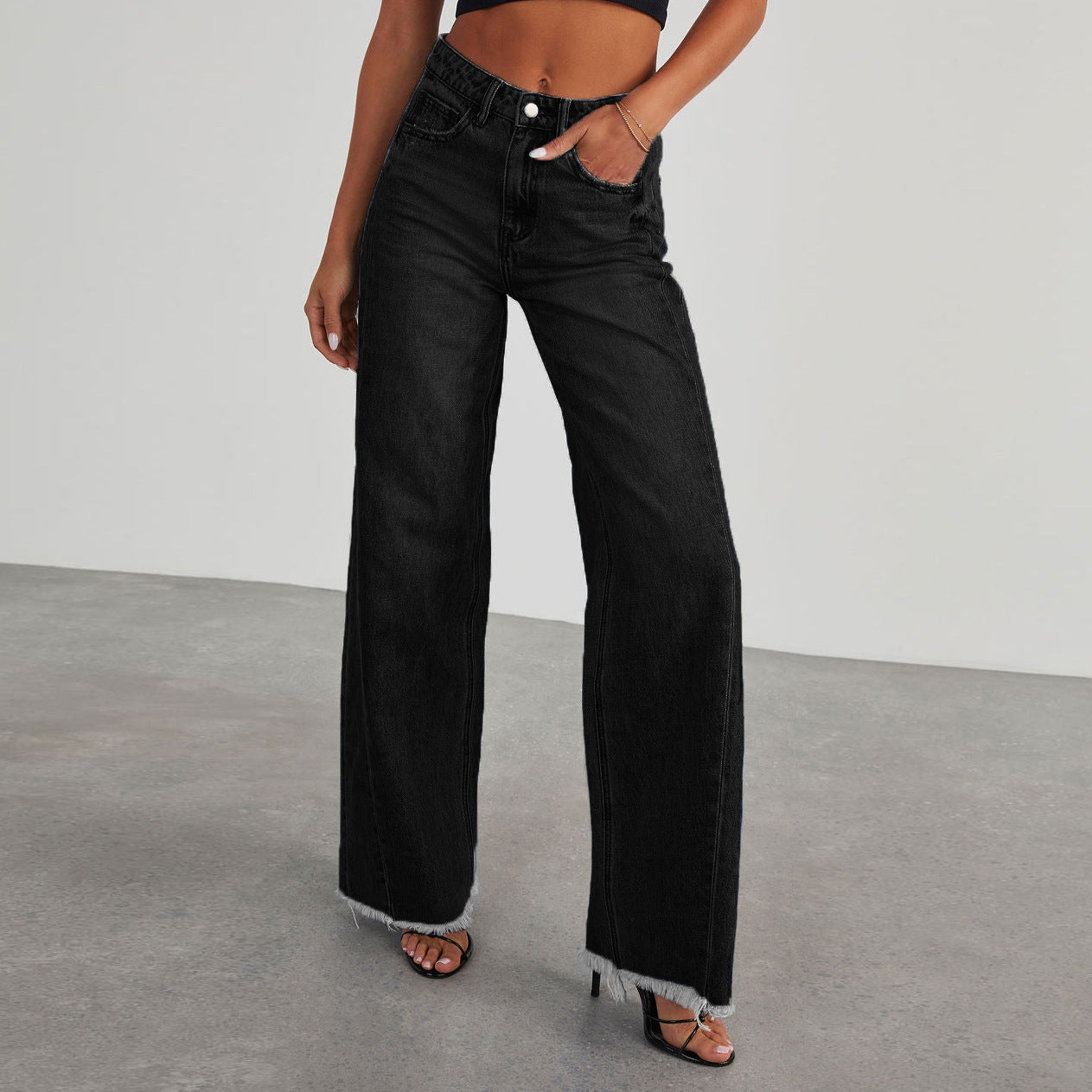 High Waist Jeans With Pockets Comfortable Slim Fit Straight Wide-leg