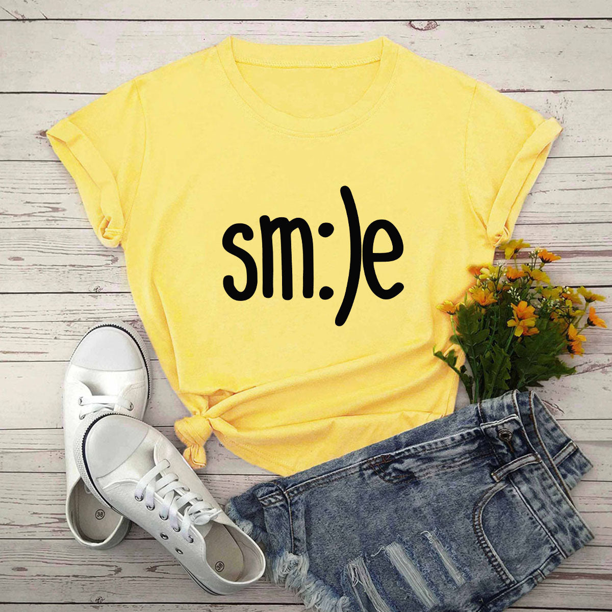スマイルレタープリントシャツ Oネック 半袖Tシャツ サマートップス 100%コットン