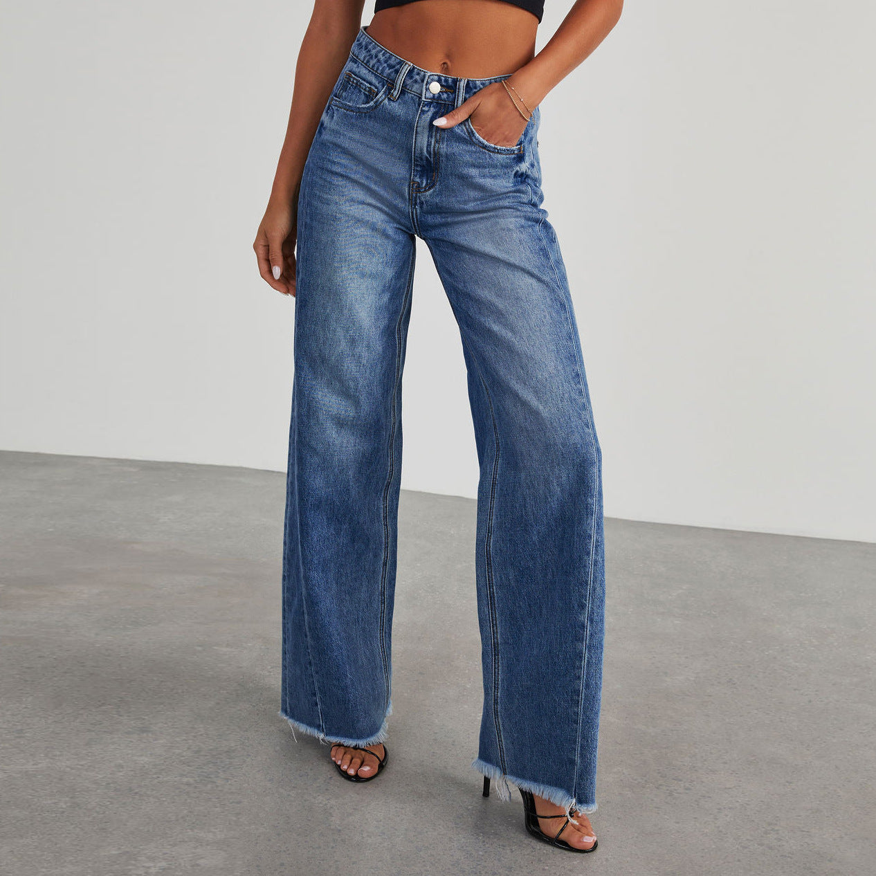 High Waist Jeans With Pockets Comfortable Slim Fit Straight Wide-leg