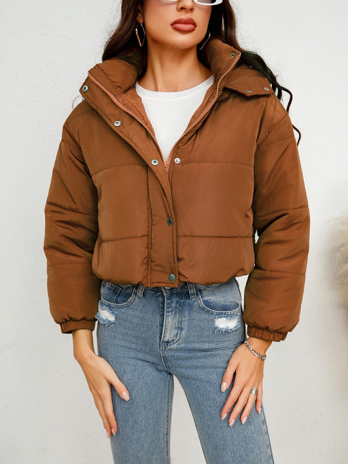 Hooded Short Cotton Coat Solid Color