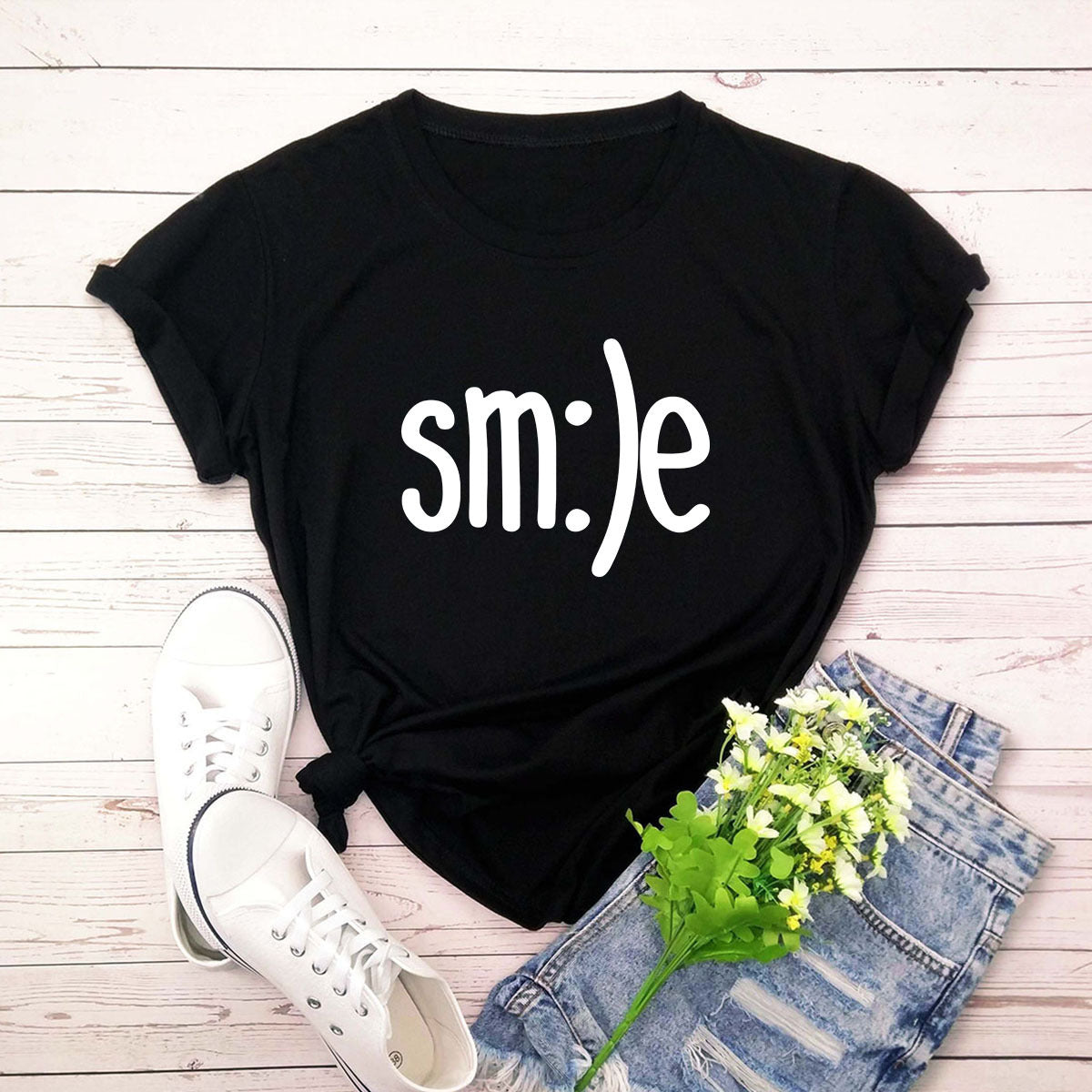 スマイルレタープリントシャツ Oネック 半袖Tシャツ サマートップス 100%コットン