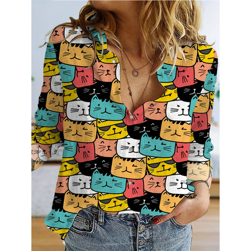 Polka Dot Butterfly Long Sleeve Turn-down Collar Casual Shirt