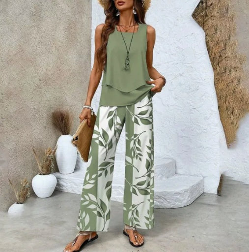 Sleeveless Double-layer Vest And Loose Straight Pants Women Clothing