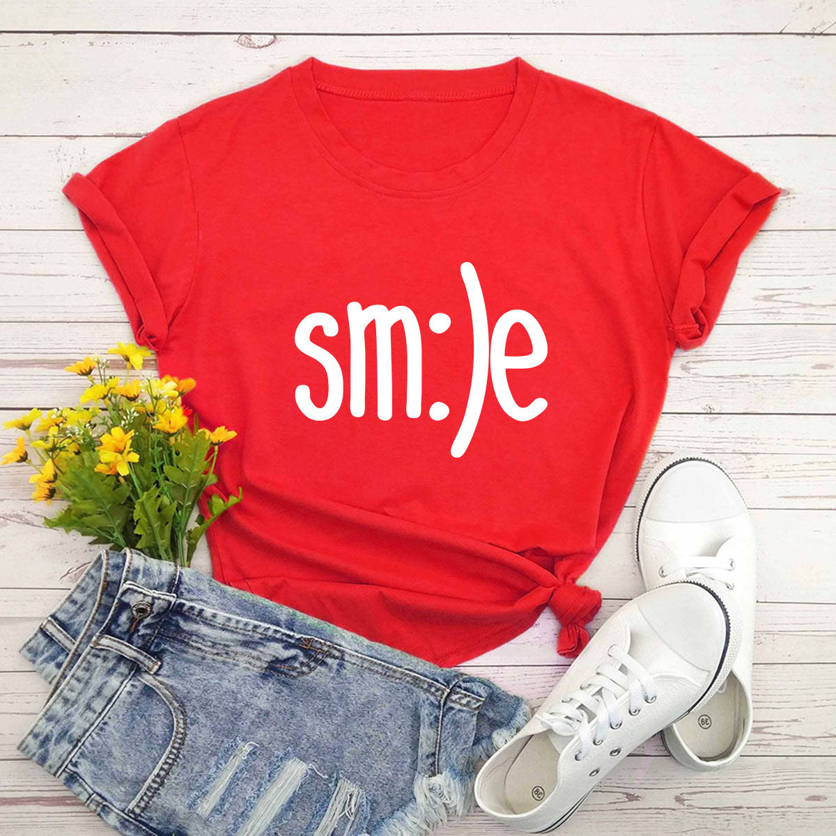 スマイルレタープリントシャツ Oネック 半袖Tシャツ サマートップス 100%コットン