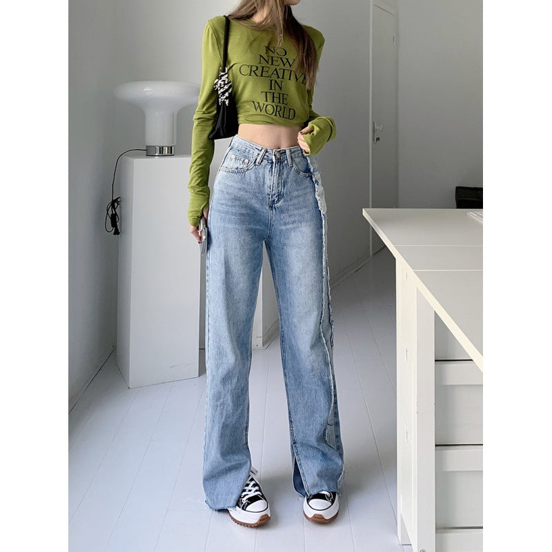 Women's High Waist Slim Side Washed Contrast Raw Denim Pant