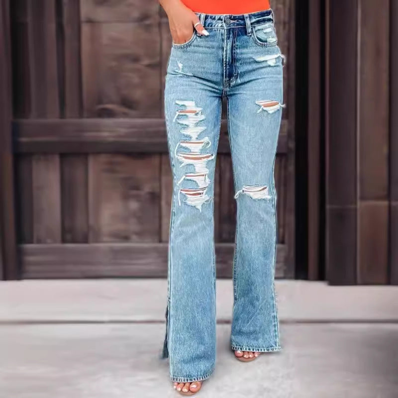 Ladies High Waist Ripped Slightly Stretch Split Jeans
