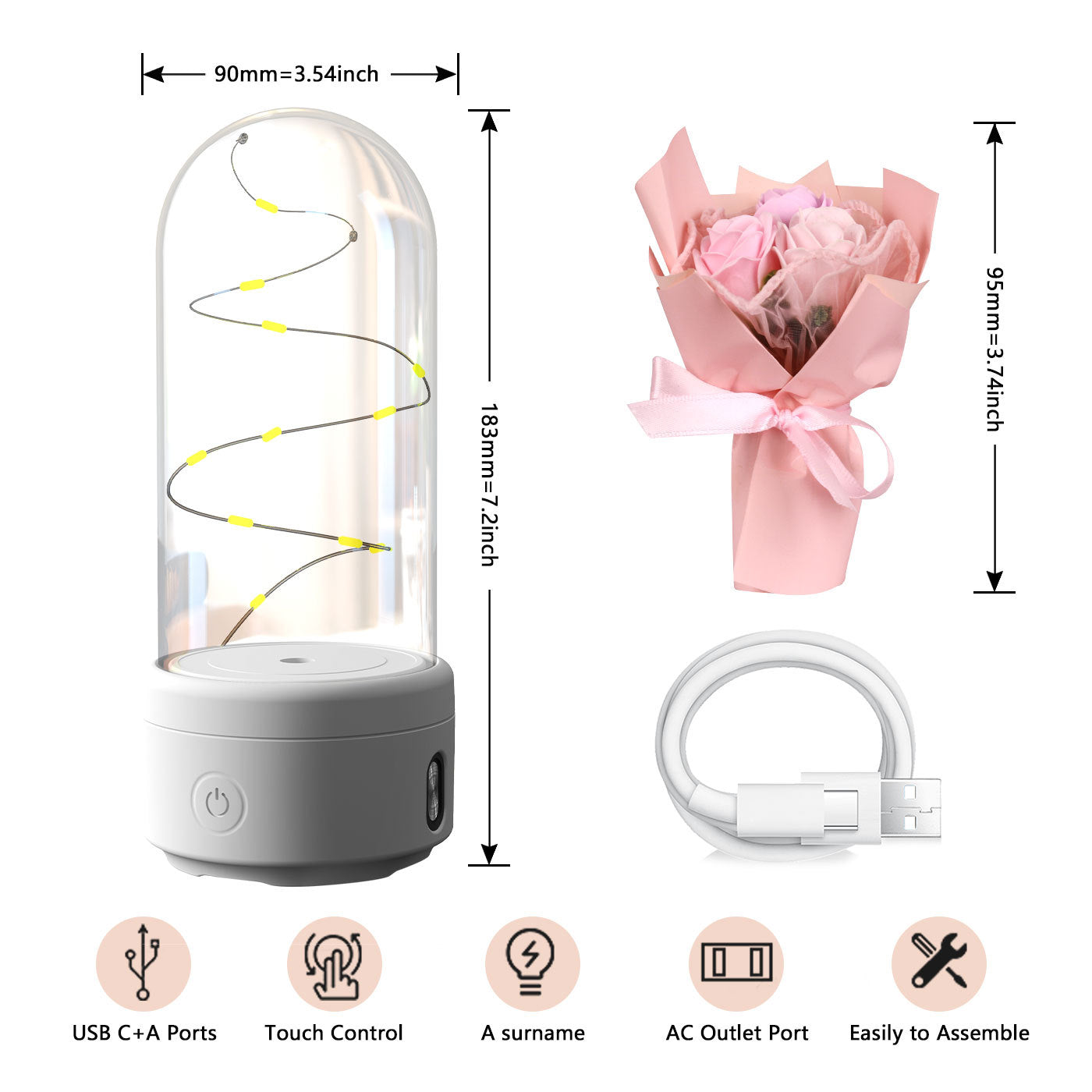 クリエイティブな2 in 1ブーケLEDライトとBluetooth対応スピーカー、母の日ギフト、ガラスカバー付きローズ発光ナイトライトオーナメント