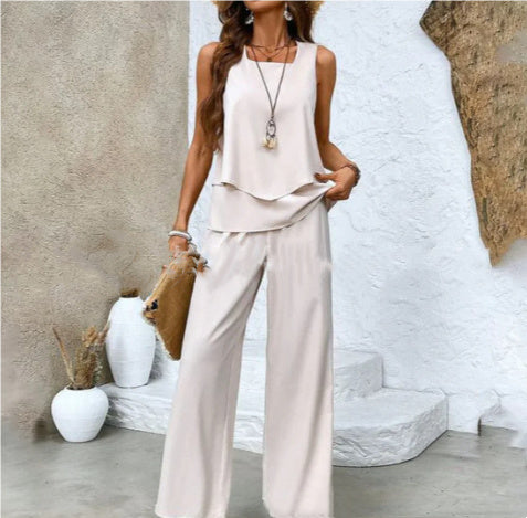 Sleeveless Double-layer Vest And Loose Straight Pants Women Clothing