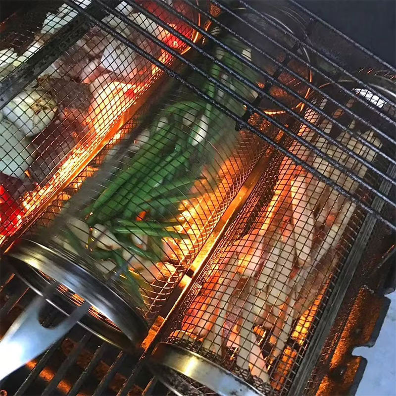 ローリンググリルメタルBBQネットポータブルアウトドアキャンプバーベキューラックバスケット
