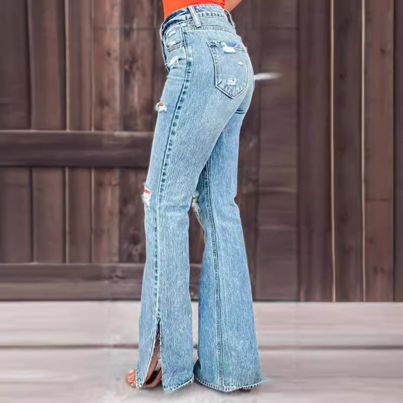 Ladies High Waist Ripped Slightly Stretch Split Jeans