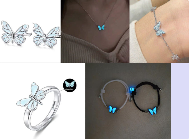 Mode blau leuchtende Schmetterling Halskette Armband Set für Glow in the Dark