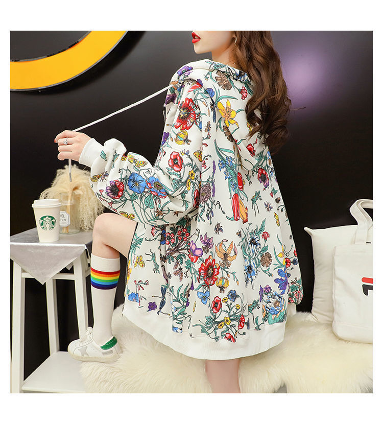 Women Plus Velvet Thick Hooded with Casual Loose Floral Print