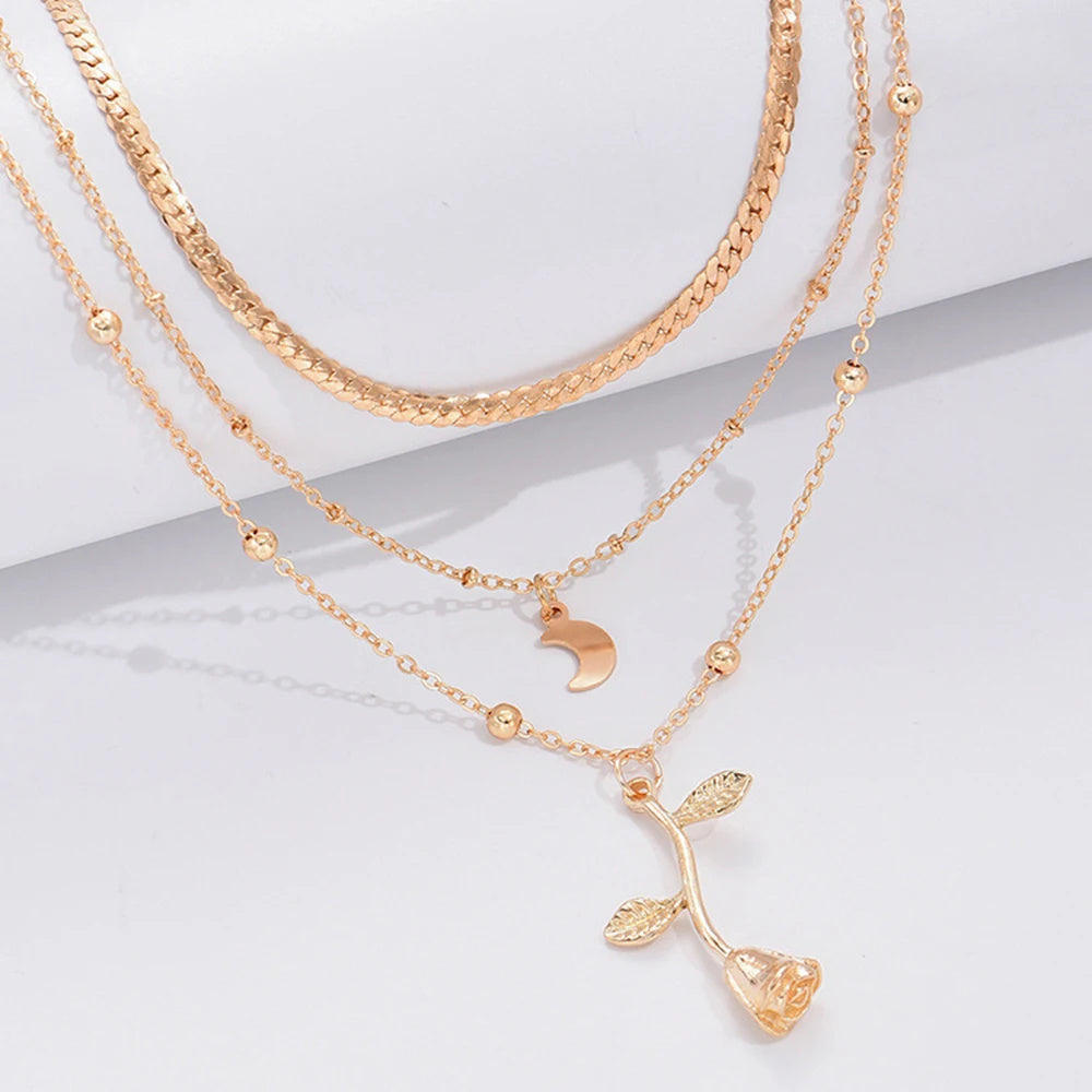 Multilayer Moon Gold Color Pendant Necklace