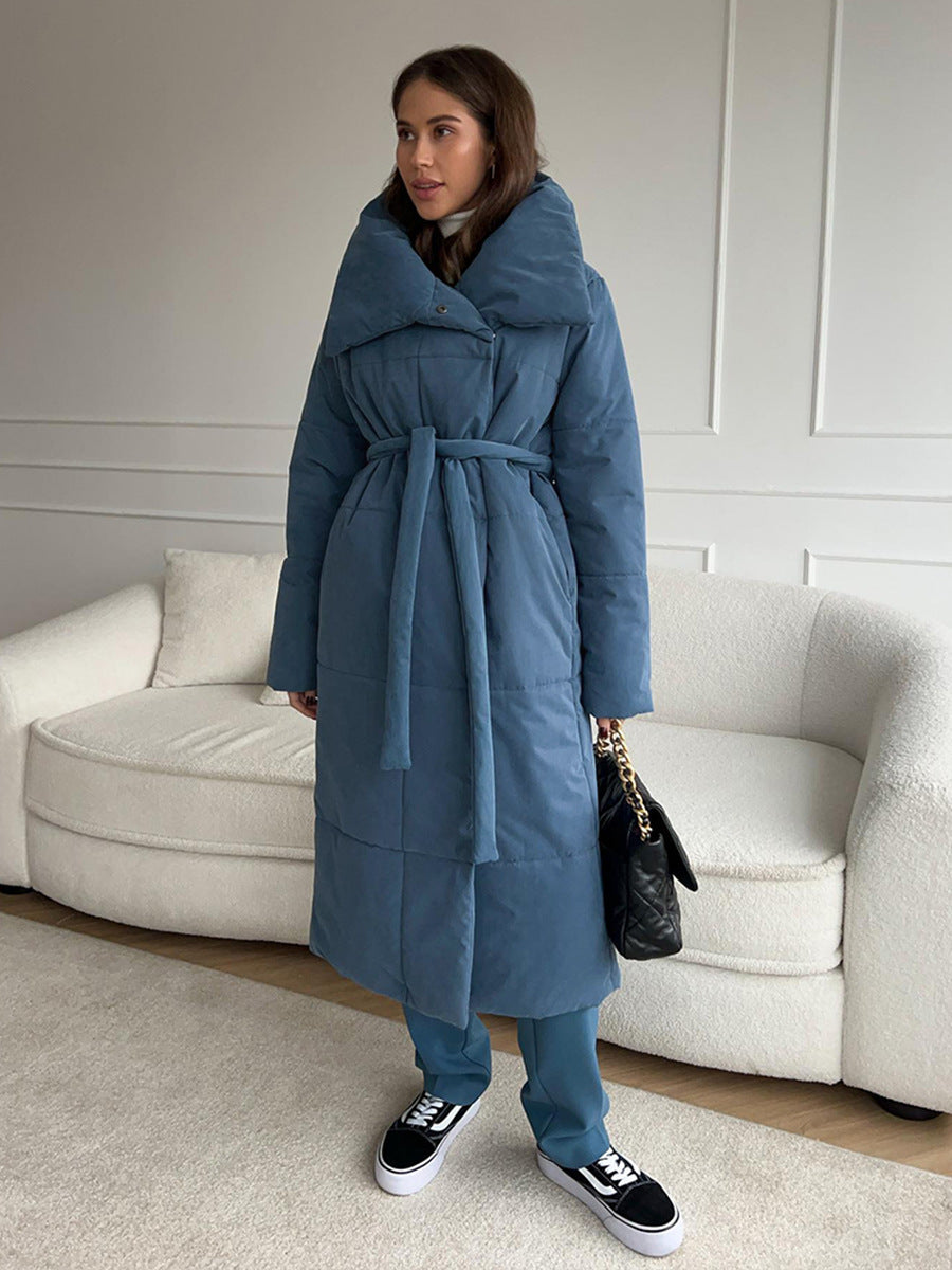 Mode Große Revers Langen Mantel Winter Warme Baumwolle Jacke Mit Taschen Und Schnürung