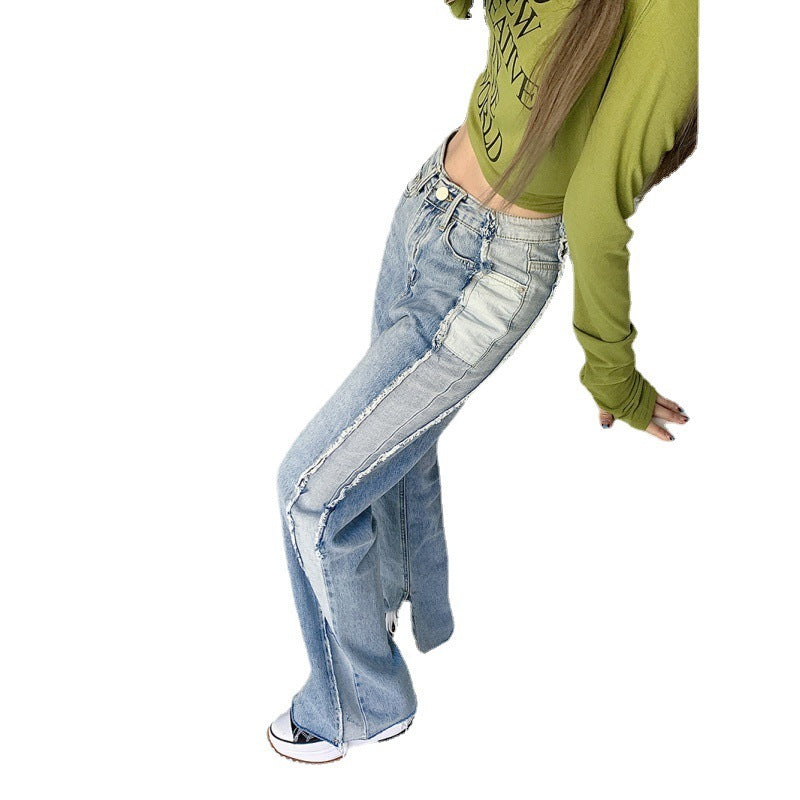 Women's High Waist Slim Side Washed Contrast Raw Denim Pant
