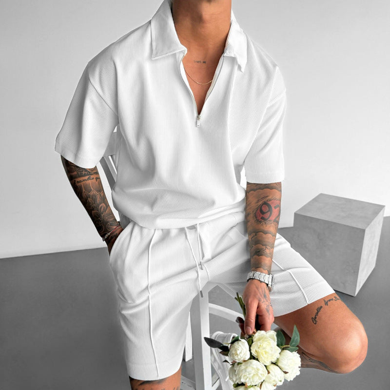 Men's Suits New Zipper Polo Casual Short Sleeve Drawstring Shorts