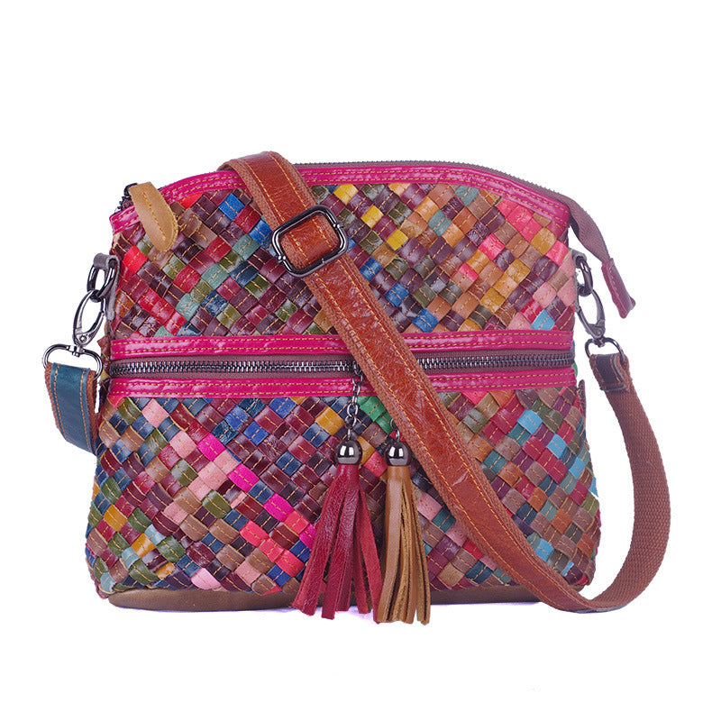 Genuine Leather Serpentine Color Handmade Tassel Flowers Shoulder Bag For Women