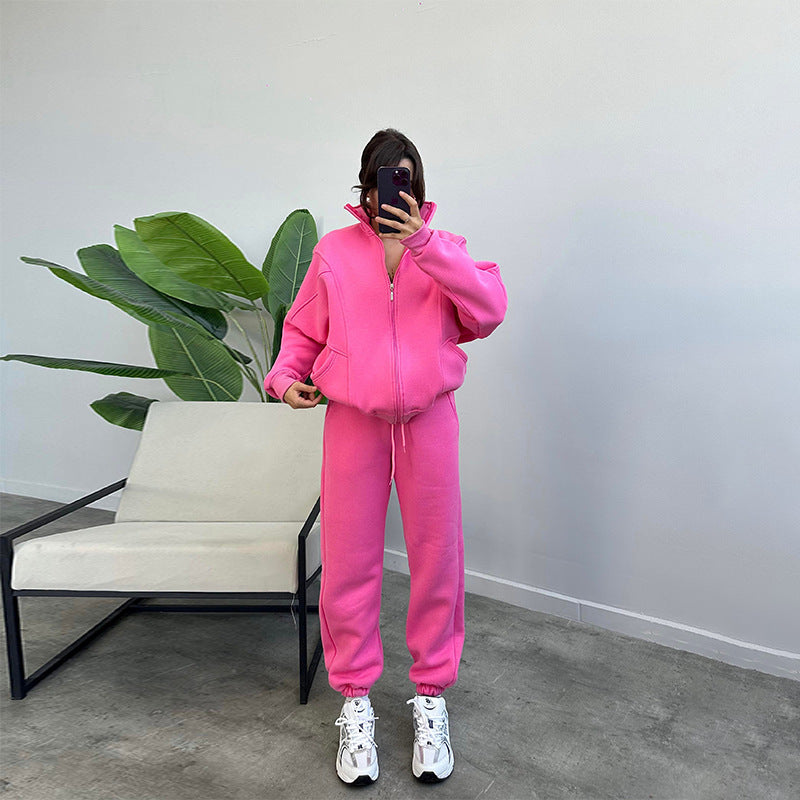 Sports Suits With Pockets Stand-up Collar Zipper Cardigan And Drawstring Trousers
